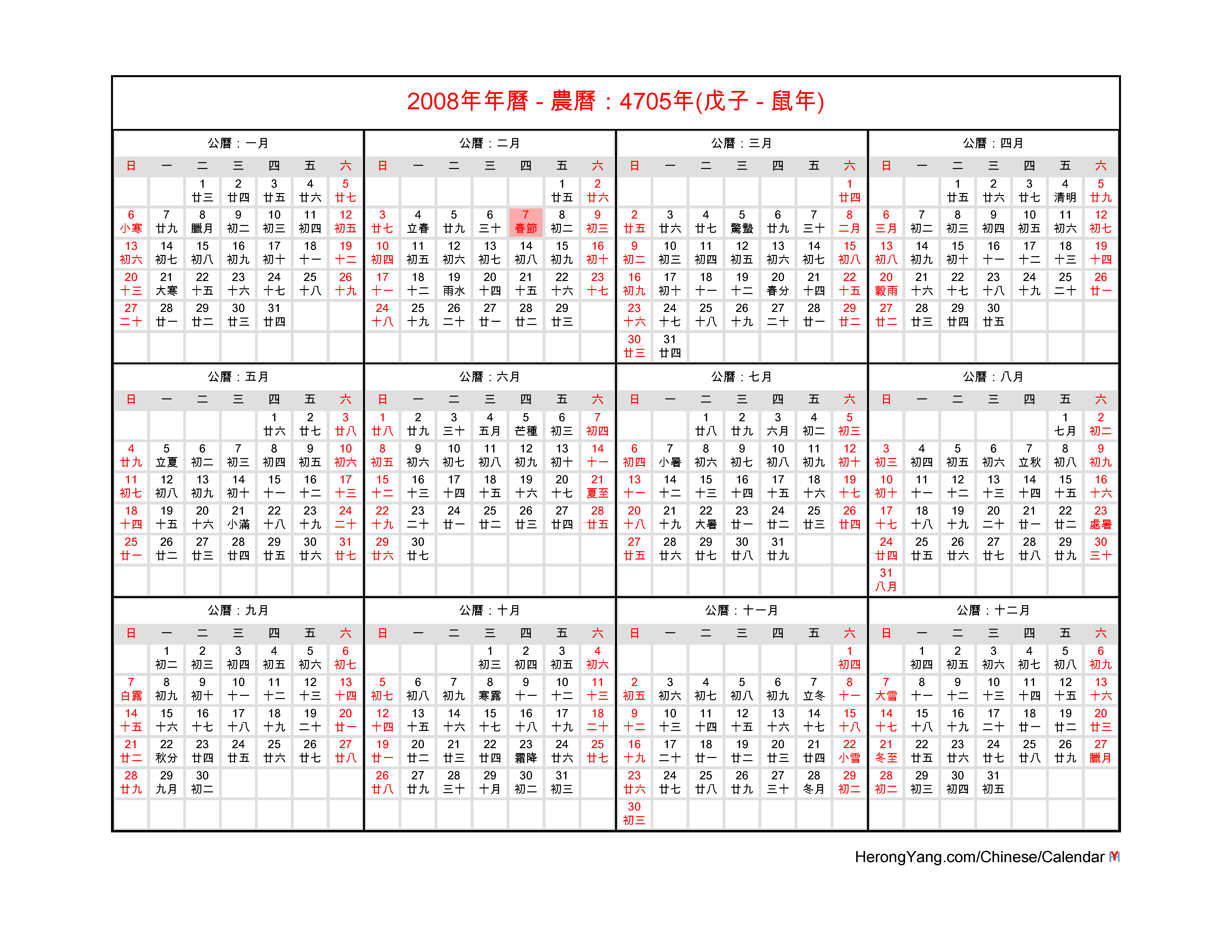 Free Chinese Calendar 2008 - Year of the Rat