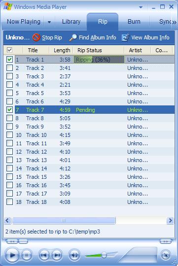 Windows Media Player Rip Music Tab