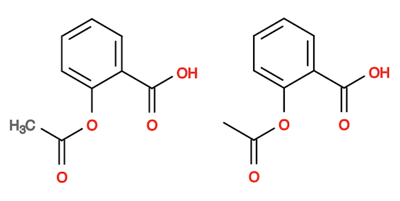 Aspirin Molecule without and with Carbon Symbols