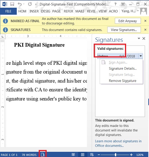View Digital Signatures in MS Word
