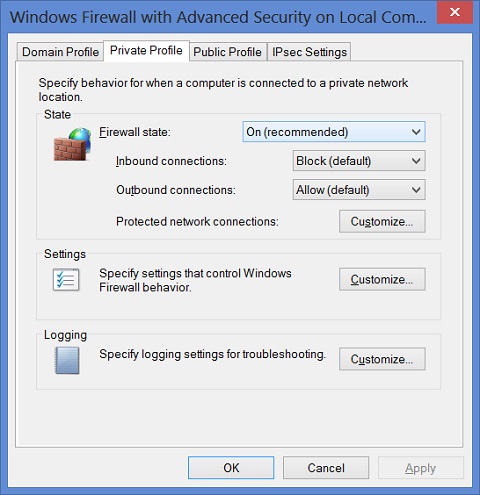 Windows 8 Windows Firewall Advanced Settings