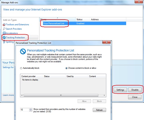 Internet Explorer 10 - Tracking Protection Personalized List