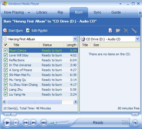 Windows Media Player Burn Music List