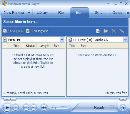 Windows Media Player Burn Music Tab