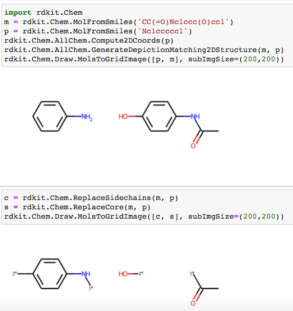 Molecule Core and Sidechains Decomposition with RDKit