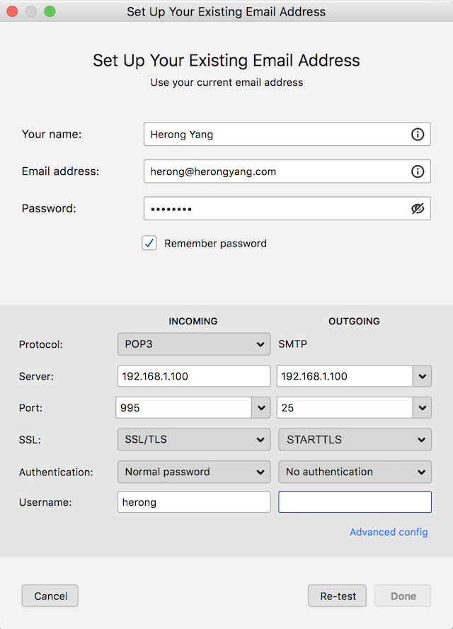 Thunderbird Configuration for POP3S and SMTP
