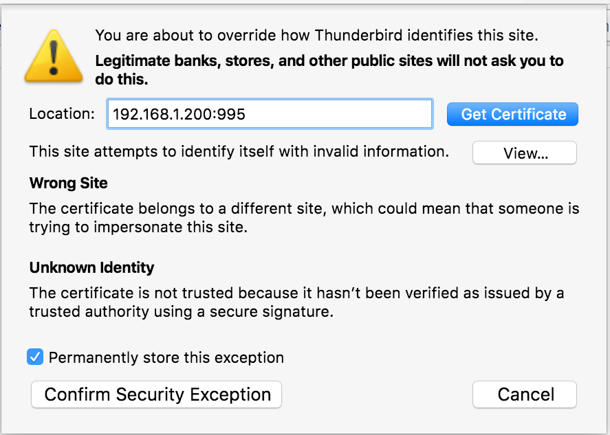 Thunderbird POP3S Server Certificate Exception