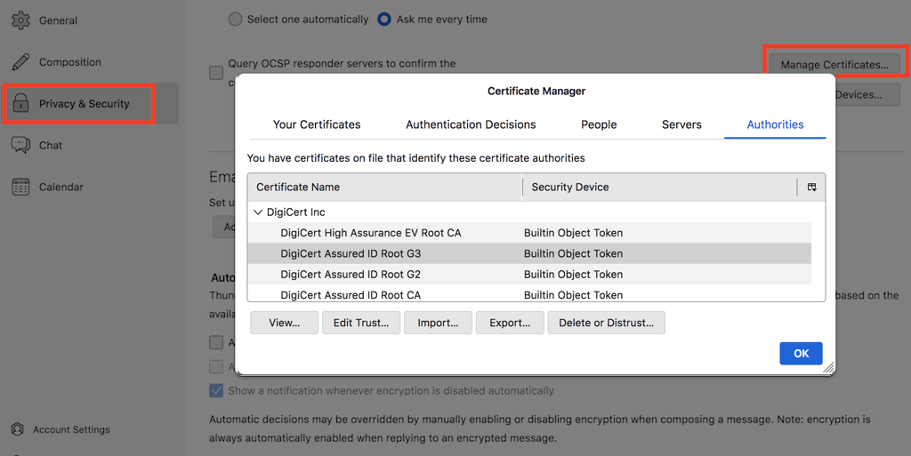 Thunderbird - Security Certificate Manager