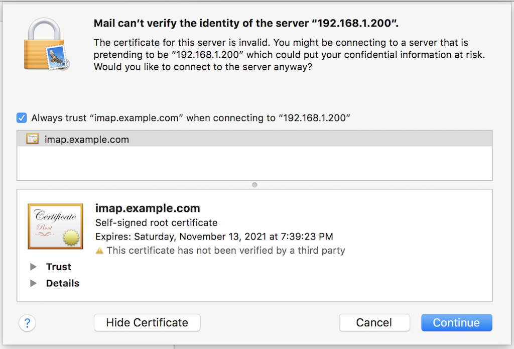 macOS Mail - Server Certificate Exception