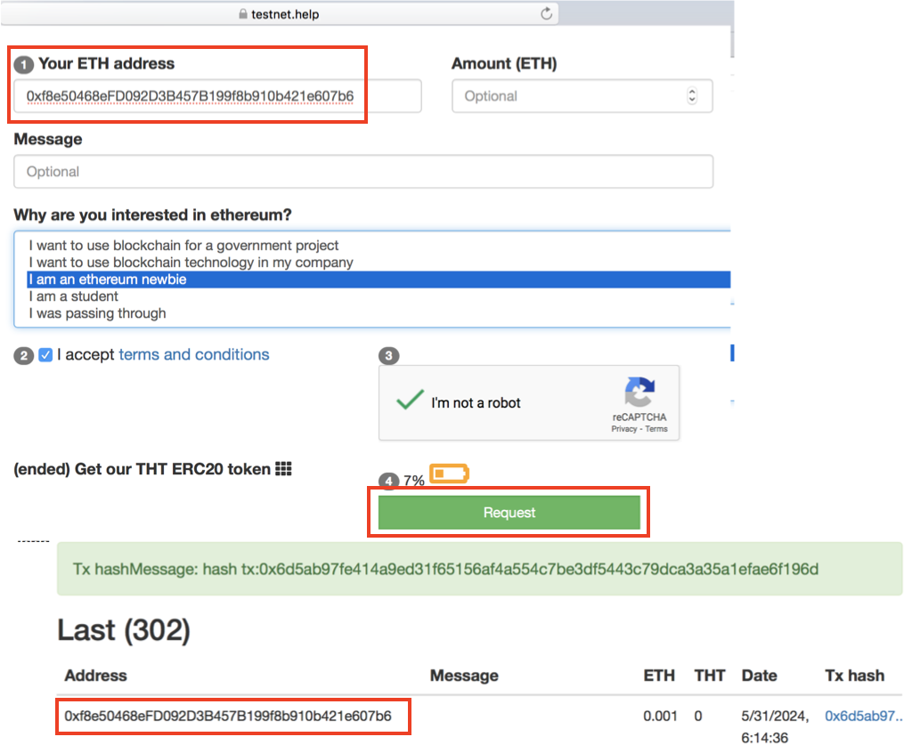 Get Free Ether from testnet.help