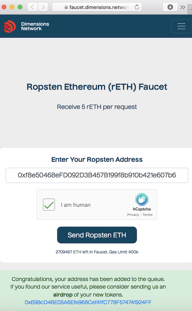 Get Ether from faucet.dimensions.network