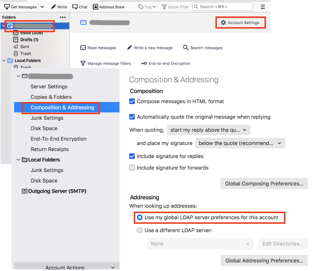 LDAP - Account Level Setting in Mozilla Thunderbird