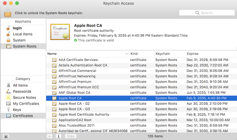 Certificate List in macOS KeyChain