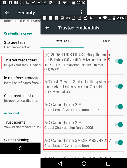 Trusted Root Certificate Store on Android phone