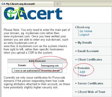 Add domain name to CAcert account