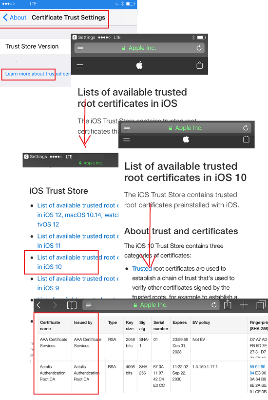 Trusted Root Certificate Store on iOS 10 iPhone