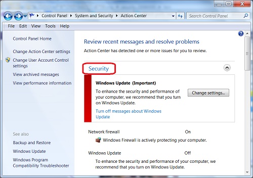 Windows 7 Action Center Security Messages