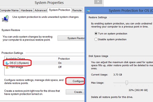 Windows 8: Restore Point Settings
